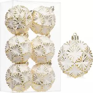 80mm/3.15인치 소박한 크리스마스 볼 장식 6PCS 화이트 및 골드 텍스처 빈티지 트리 화환 갈랜드 홀리데이