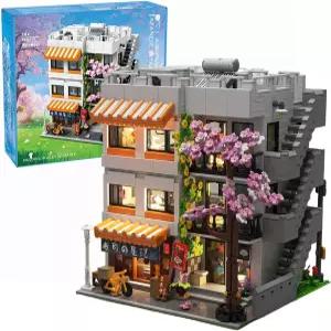 일본 아파트 - 스트리트 뷰 빌딩 블록 3910 PCS 모델 BBTILOBrix 3층 벚꽃 건축 5개의 피규어 및 LED 조명