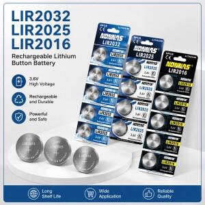 LIR2032 LIR2016 충전식 리튬 이온 버튼 배터리 3.6V 코인 셀 교체용 시계 리모컨