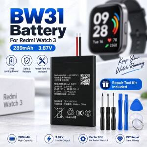 BW31 배터리 289mAh 3.87V 리튬 이온 폴리머 충전식 Redmi Watch 3 스마트워치용 교체 수리 도구 세트 포함