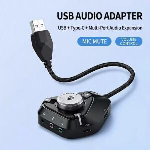 멀티포트 USB 오디오 어댑터: + Type-C 확장 독립적인 볼륨 조절 및 마이크 스위치가 있는 스테레오 사운드