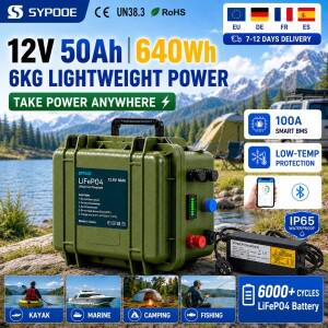 12V LiFePO4 배터리 50Ah 100Ah 리튬 블루투스 스마트 BMS 방수 트롤링 모터 태양광 낚시 카약 해양 캠핑용