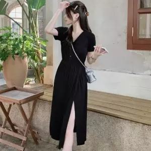 미니멀 브이넥 랩스타일 원피스 LL-D150 옷자락 포인트