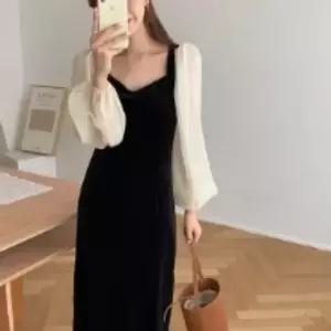 미니멀 여성 시스루 배색 벌룬 소매 슬림 벨벳 하객룩 옷자락
