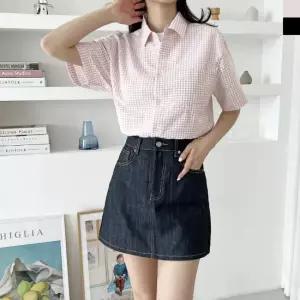 미니멀 여자 데일리 루즈핏 시어서커 체크 반팔 카라 셔츠 베이직