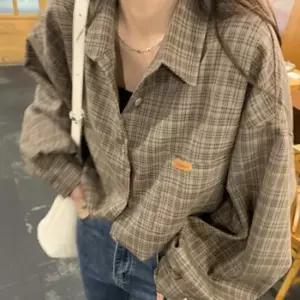 미니멀 여자 캐주얼 브라운 탄탄 체크 루즈핏 셔츠 남방 베이직