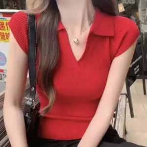 [하프클럽/신상오픈런]데일리 여자 멀티컬러 트임 카라넥 골지 슬림핏 반팔 니트 미니멀