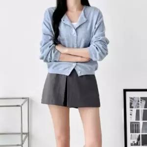 [하프클럽/]데일리 여성 스트릿패션 울혼방 노카라 긴팔 단추 가디건 미니