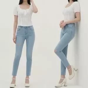[하프클럽/]데일리 여자 슬림핏 하이웨이스트 찢김 스판 데님 팬츠 미니멀