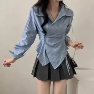 미니멀 여자 출근룩 오피스 랩 스트라이프 셔츠 블라우스 베이직