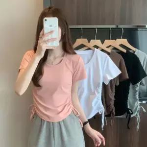 [하프클럽/신상오픈런]데일리 여자 러블리 캐주얼 사이드 셔링 크롭 반팔 티셔츠 미니멀