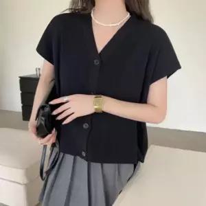 미니멀 여자 여름 베이직 캡소매 프릴 브이넥 반팔 가디건 베이직