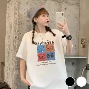 [하프클럽/]데일리 여자 캐주얼 곰돌이 프린팅 오버핏 반팔 티셔츠 미니멀
