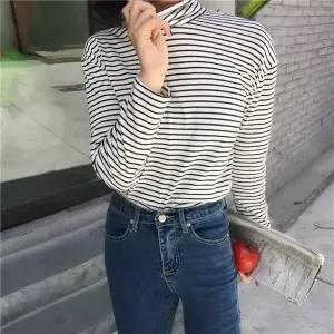 [하프클럽/]데일리 여자 봄 베이직 스트라이프 터틀넥 롱슬리브 티셔츠 미
