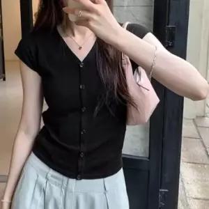 미니멀 여자 데일리 슬림핏 브이넥 반팔 니트 단추 가디건 베이직