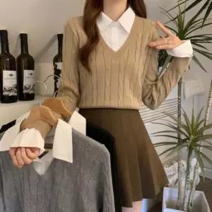 [M7] 여자 FW 피셔맨 페이크카라 꽈배기 코디 니트