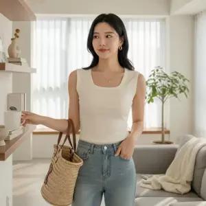 [옷자락]미니멀 여자 여름 시원한 비스코스 스퀘어넥 민소매 옷자락 코디