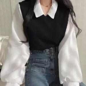 미니멀 여자 베이직 무지 셔츠 레이어드 카라넥 니트 옷자락 코디