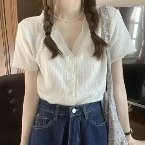 미니멀 여자 여름 페미닌 시스루 프릴 브이넥 반팔 가디건 베이직
