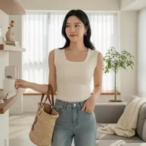 미니멀 여자 여름 시원한 비스코스 스퀘어넥 민소매 옷자락 코디