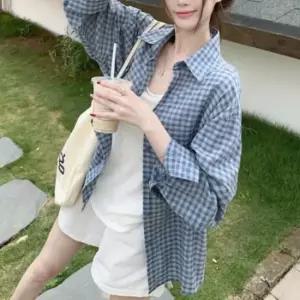 미니멀 여자 캐주얼 빈티지 체크 패턴 루즈핏 셔츠 옷자락 코디
