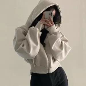 [옷자락]미니멀 여자 기모안감 세미크롭 부드러운 오버핏 후드집업 베이직