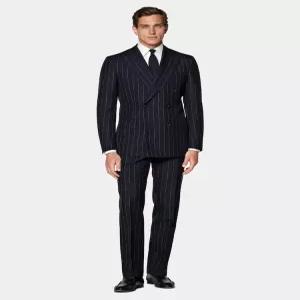 SUITSUPPLY Opera Piemontese 초크 스트라이프 Milano 더블 수트 - Navy