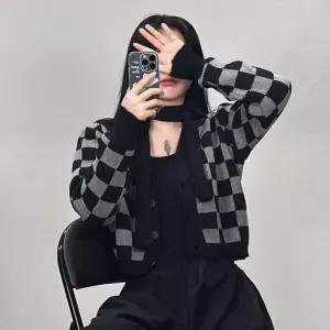 [S52PN0948]크롭 체크 가디건 여성 니트 브이넥 옷