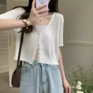 미니멀 여리하게 시스루 반팔스무디 크롭 가디건 옷자락 미니멀