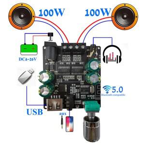 2*100W Bluetooth 5.0 디지털 전력 증폭기 보드 AUX 스피커 2.0 CH 스테레오 홈 음악 무선 모듈 오디오 앰