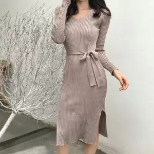 스터닝팩토리 캐주얼룩 여자 패션 골지 슬림 긴팔 브이넥 롱원피스 하객원피스 슬림핏원피스