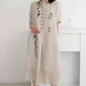 비꼴리끄 여성린넨 밴드 넥 꽃자수 원피스 B252WO2050 863553