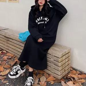 프린팅 따뜻한 기모 캐주얼 롱 후드 데일리 원피스 커플시밀러룩 마실룩 블랙 JaWFFL2QJ