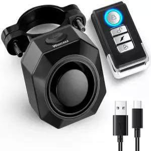 WSDCAM USB 충전식 자전거 경보기 리모컨 포함 110dB 무선 도난 방지 진동 모션 센서 방수 트레일러