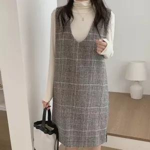 체크 H라인 민소매 미니 원피스 봄 가을 겨울 베이직