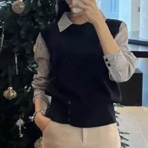 여성 스트라이프 페이크 셔츠 니트 조끼 레이어드 데일리 긴팔 남방