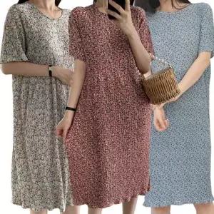 2장세트 마마로 빅사이즈 여성 여름 주름 플리츠 플라워 반팔원피스
