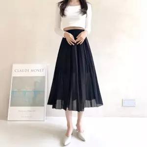 쉬폰 플리츠 미디 밴딩 스커트 여성 하객룩 오피스룩 봄가을 데일리