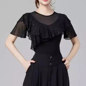 라인댄스복 상의 반팔 여름 줌바 사교 밸리 연습복 방송댄스 라틴 공연복 프릴 라운드넥 블랙