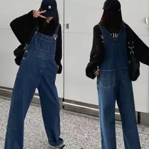 와이드핏 여성 점프수트 청멜빵바지 데님통바지 와이드데님멜빵팬츠 진청 F1473