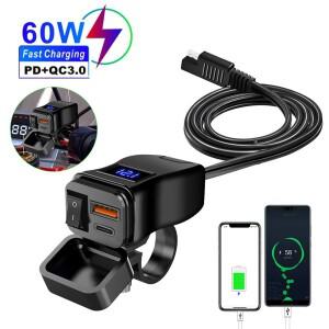 PD + QC3.0 오토바이 USB 고속 충전기, 60W 핸들바 듀얼 소켓, 스위치 전압계, 방수 12V 전원 공급 어댑터