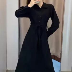 블랙 카라 허리끈 롱 원피스 가을 겨울 캐주얼 베이직 KWDC456C
