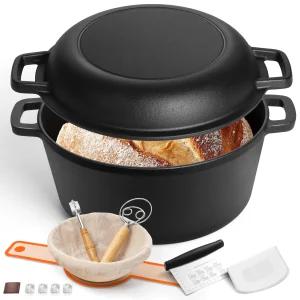 E far 주철 더치오븐 4 7L 5쿼트 2 in 1 빵 베이킹 냄비 세트