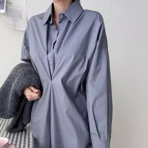 [샵앤][샵앤] 여성 데일리 카라 셔츠 앞다트 주름 롱 원피스 ARA-WDR-3859-스틸블루