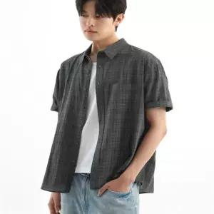 브렌슨 린넨 라이크 체크 반팔 셔츠 ( 카키그레이 ) BR840