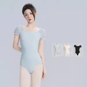 여성 발레 레오타드 꽃무늬 레이스 스플라이스 퍼프 반소매 스퀘어 넥 슬림핏 체조용 댄스 바디수트