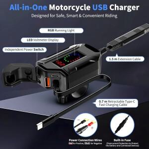 새로운 PD QC4.0 오토바이 USB 초고속 전화 충전기 개폐식 Type-C 케이블 핸드폰 전압계 디지털 방수