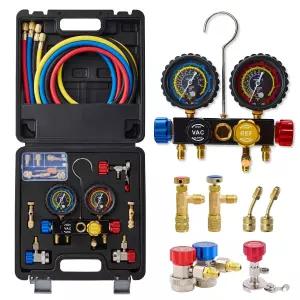 WISSCOOL HVAC 매니폴드 게이지 세트 4밸브 R410A R134a R22용 5피트 AC 호스 4개 800psi 퀵 커플러 어댑터