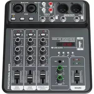 소형 4채널 USB 믹싱 콘솔 휴대용 사운드 믹서 노래방용 메탈 바디 블랙 그레이 색상 헤드폰 출력 포함