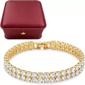 Caelishel 2열 여성 및 남성용 테니스 팔찌 - 14K 골드 도금 3mm 라운드 컷 큐빅 지르코니아 클래식 사이즈